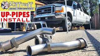 2001 F350 73  RiffRaff UpPipes Install  Stock up pipes leaking and falling apart JUNK SP [upl. by Kelam]